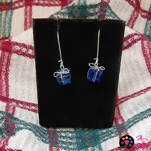 Blue Christmas Charm: Festive Handmade Wire Wrapped Drop Earrings